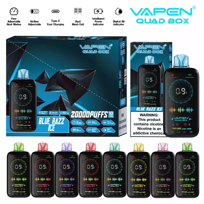 VAPEN QUAD BOX 20000 PUFFS Flujo de Aire Ajustable Recargable 2 5 Low Nicotine Mayorista Vape Desechable Pantalla Completa 11