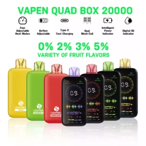 VAPEN QUAD BOX 20000 PUFFS Flujo de Aire Ajustable Recargable 2% 5% Low Nicotine Venta al por mayor Vape Desechable Pantalla Completa (12)