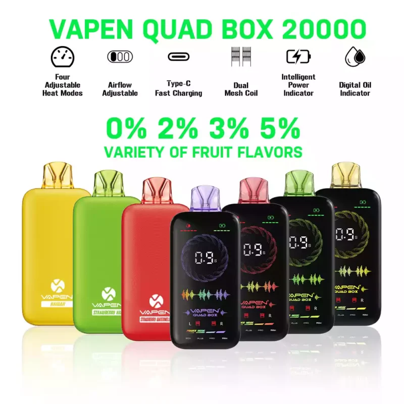 VAPEN QUAD BOX 20000 PUFFS Flujo de Aire Ajustable Recargable 2% 5% Low Nicotine Venta al por mayor Vape Desechable Pantalla Completa (12)