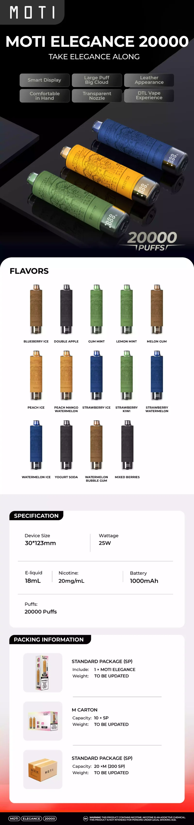 Original MOTI ELEGANCE 20000 Puffs reîncărcabilă 2% 5% Low Nicotine Vapes de unică folosință Bulk Buy Wholesale 2